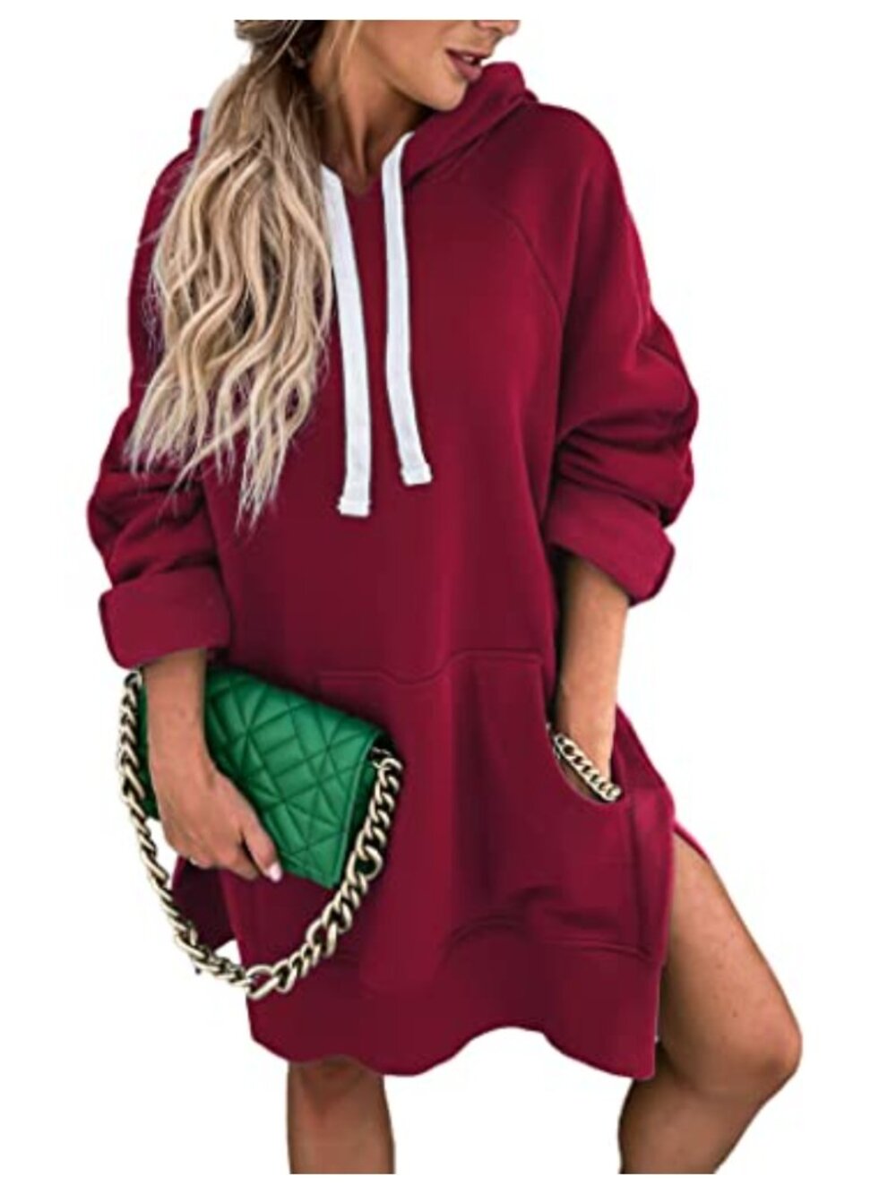 PRETTYGARDEN Women's Long Sleeve Split Hem Hoodie Dress with Kangaroo Pocket
